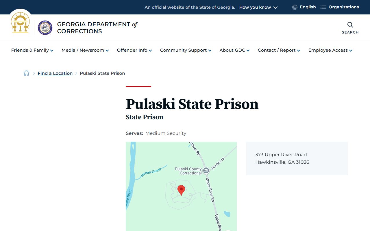 Pulaski State Prison GDC facility page with inmate population and visitation records