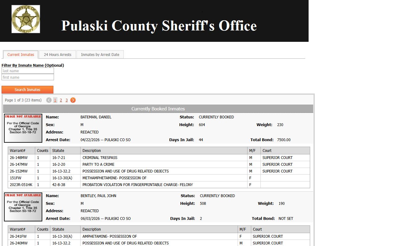 Pulaski County inmate population current roster with jail records and bond fields